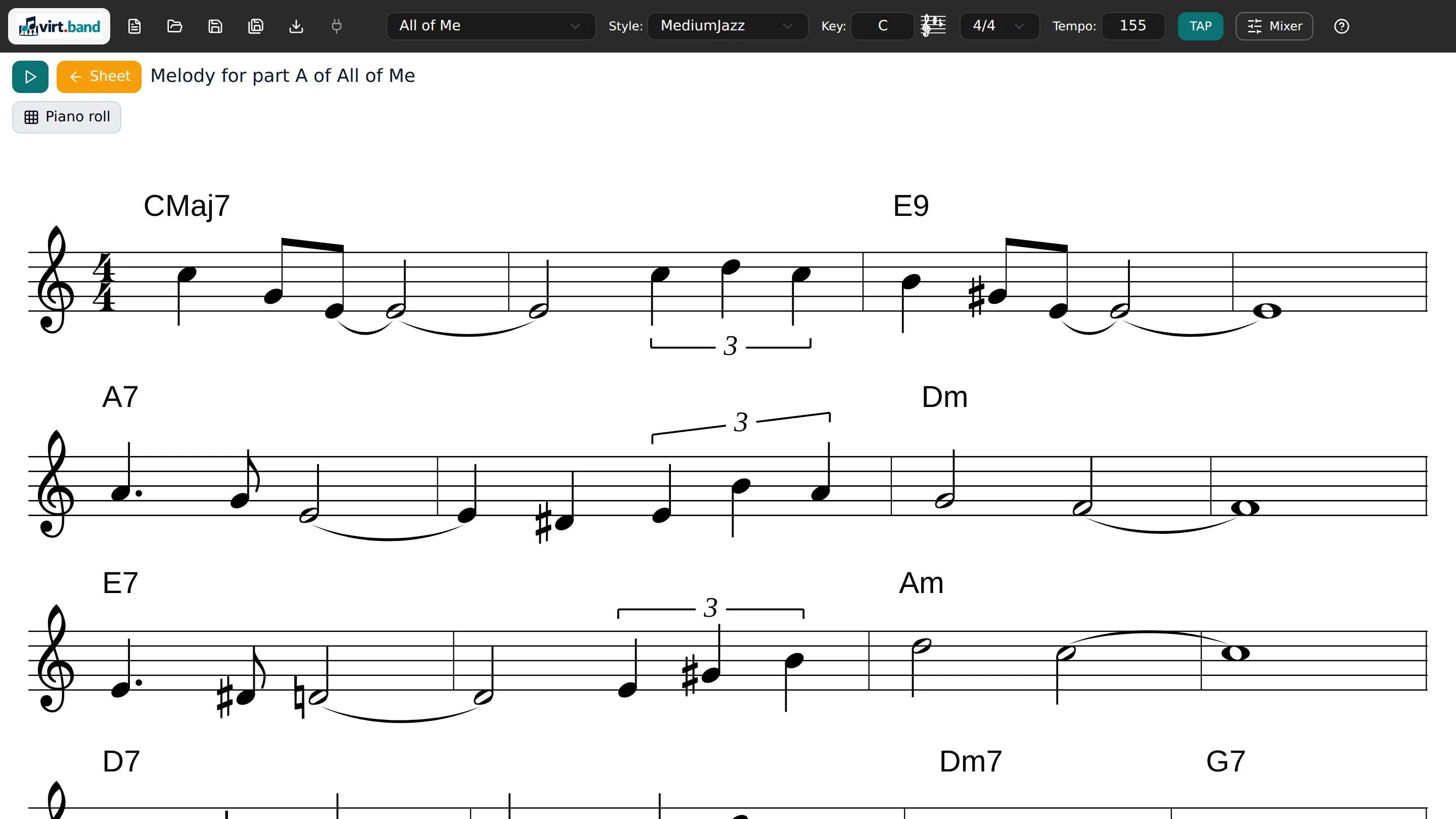The same melody written out on a staff