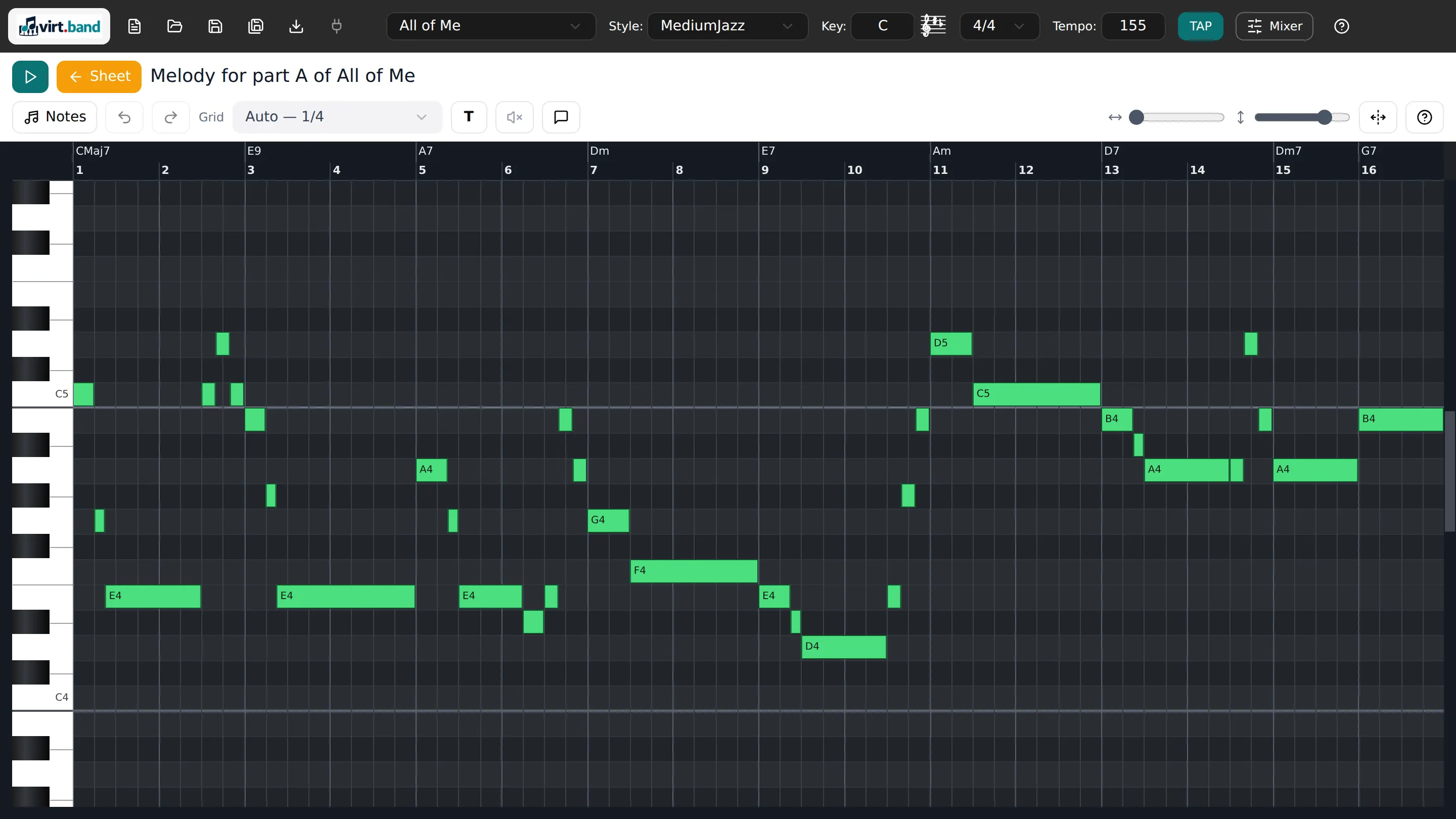 The melody of a song in the piano roll