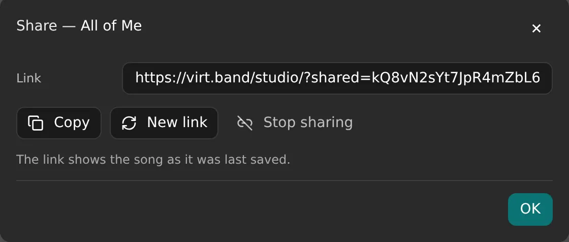 The sharing window with the link to a song