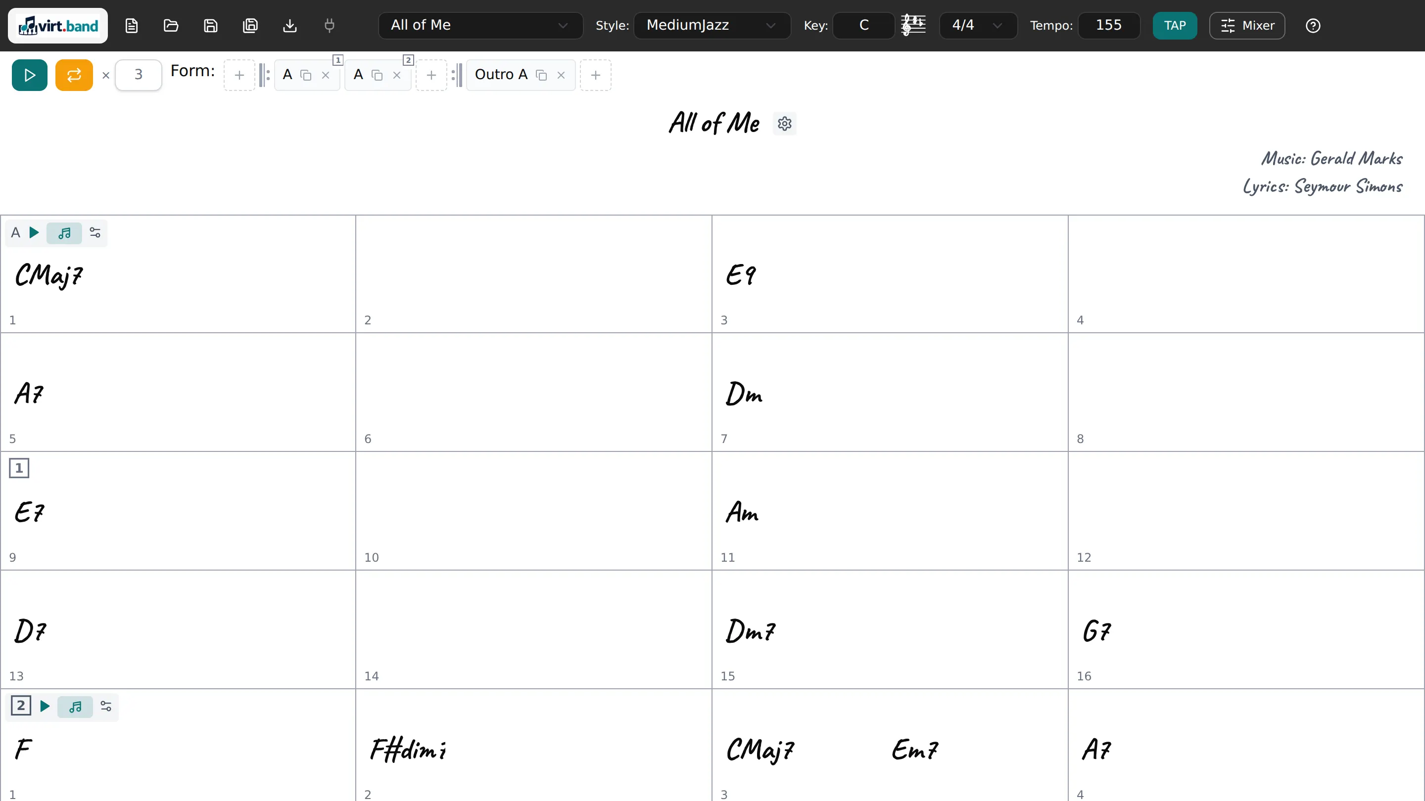 The VirtBand studio: a chord chart with sections, repeats and second endings
